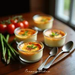 Gourmet Crab Brulee in ramekins with a golden caramelized sugar crust, garnished with chives and lemon zest on a rustic wooden table.