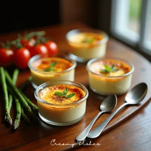 Gourmet Crab Brulee in ramekins with a golden caramelized sugar crust, garnished with chives and lemon zest on a rustic wooden table.