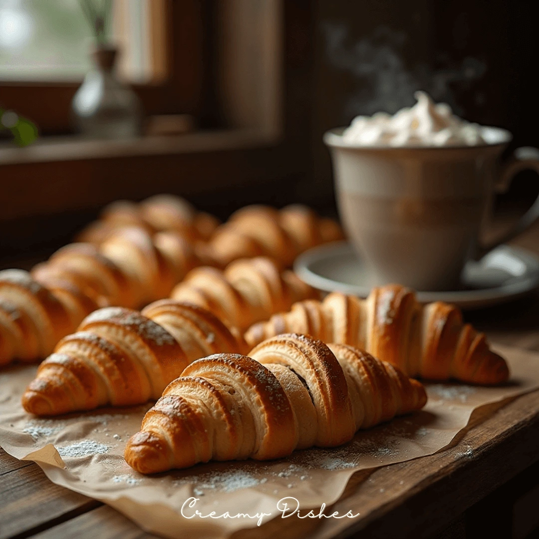 Freshly baked Swiss Gipfeli with golden flaky layers and dark chocolate filling, perfect for a traditional Swiss breakfast.