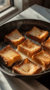 Golden brown French Toast cooking in a non-stick skillet with butter and crispy edges.