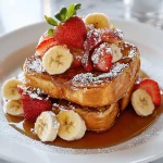 The table shown is a pristine white marble surface Close-up of French Toast served with fresh strawberries, bananas, powdered sugar, and maple syrup, on a white plate with soft natural lighting.