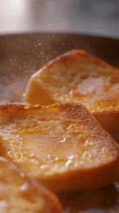Flipping golden-brown French Toast slices in a skillet with butter and soft, diffused natural light.