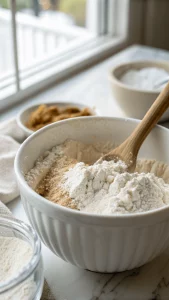 Whisking pancake recipe batter in a white ceramic bowl with a wooden spoon on a white marble table.