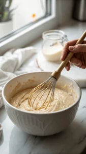 Mixing dry pancake recipe ingredients in a white ceramic bowl on a white marble countertop.