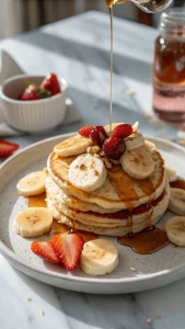 Fluffy homemade pancake recipe with fresh fruit and syrup on a white marble table.