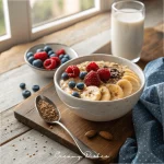 A warm and creamy oatmeal bowl topped with fresh berries, banana slices, chia seeds, and a drizzle of honey, served on a rustic wooden table.