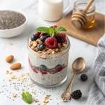 A glass jar filled with creamy chia pudding, layered with fresh berries, honey drizzle, and a crunchy granola topping.