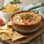 A rustic bowl of creamy Rotel dip with melted cheese, diced tomatoes, and green chilies, garnished with fresh cilantro, surrounded by crispy tortilla chips on a wooden table