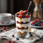 A beautifully layered Greek yogurt parfait in a clear glass, filled with mixed fresh berries, granola, honey, and a sprinkle of sliced almonds.