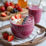 A vibrant smoothie bowl with a thick purple berry base, topped with fresh kiwi slices, banana slices, granola, and a drizzle of honey.