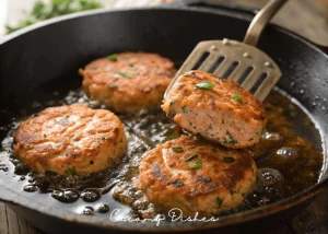 Salmon cakes being pan-fried in a cast-iron skillet to golden-brown perfection