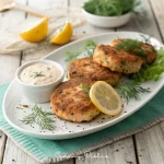Golden-brown salmon cakes garnished with fresh herbs and lemon wedges on a white plate