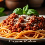 Plate of spaghetti bolognese topped with fresh basil and grated Parmesan cheese.