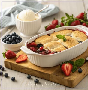 Strawberry Blueberry Cobbler with vanilla ice cream served in a rustic dish, fresh fruit and mint garnish.
