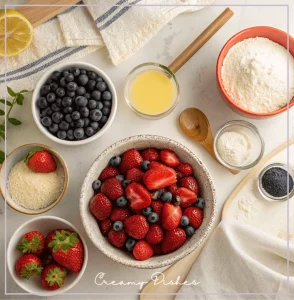 Ingredients for strawberry blueberry cobbler neatly arranged on a kitchen counter, ready for preparation.