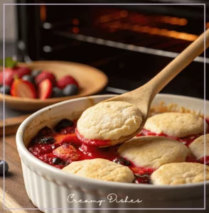 Assembling a strawberry blueberry cobbler with biscuit batter spooned over the fruit filling.