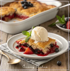 A slice of strawberry blueberry cobbler served with vanilla ice cream on a white plate.