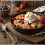 Freshly baked strawberry blueberry cobbler in a cast-iron skillet with whipped cream, served with fresh fruit garnish.