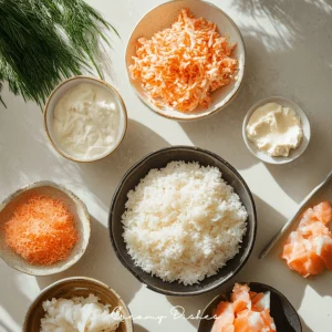 Ingredients for sushi bake, including sushi rice, imitation crab, Japanese mayo, and cream cheese, arranged on a clean countertop with natural lighting.
