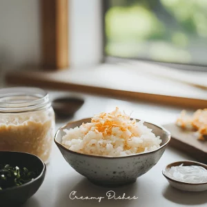 Ingredients for sushi bake, including sushi rice, imitation crab, Japanese mayo, and cream cheese, arranged on a clean countertop with natural lighting.
