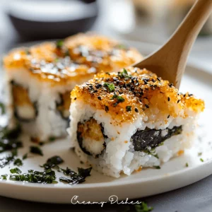 Sushi Bake served on a white plate with crispy nori sheets on the side, beautifully illuminated by soft, natural light.