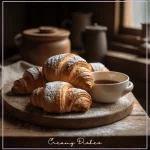 Freshly baked Swiss Gipfeli on a rustic kitchen countertop with jam, butter, and a cup of coffee.