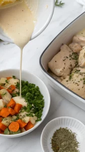 Layering chicken, vegetables, and creamy sauce in an ovenproof dish for chicken casserole.
