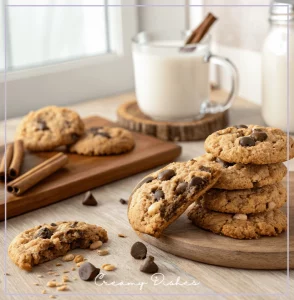 Freshly baked chocolate chip oatmeal cookies on a wooden table with milk and cinnamon sticks in the background.