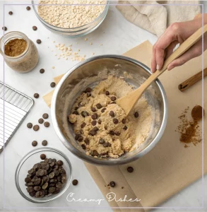 Close-up of chocolate chip oatmeal cookie dough being mixed in a bowl with visible chocolate chips and oats.