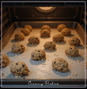 Baking chocolate chip oatmeal cookies in the oven, with dough balls starting to spread and bake.