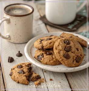 Warm chocolate chip oatmeal cookies served with a cup of milk and cinnamon sticks on a wooden table.