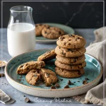 Freshly baked chocolate chip oatmeal cookies on a wooden table with milk and cinnamon sticks in the background.