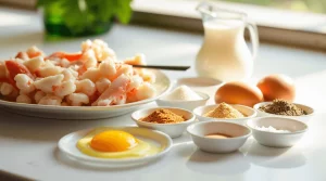 Ingredients for Crab Brûlée: Fresh lump crab, eggs, heavy cream, and seasonings, laid out on a rustic kitchen counter.