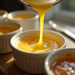 Crab Brûlée custard being poured into ramekins for baking, with soft natural light highlighting the texture.