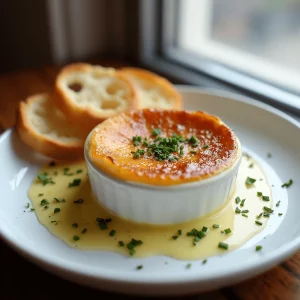 Crab Brûlée served with a golden caramelized sugar topping, garnished with fresh herbs and paired with toasted brioche.