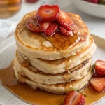 Golden fluffy pancake recipe topped with fresh fruit and syrup in a white dish on a white marble table.