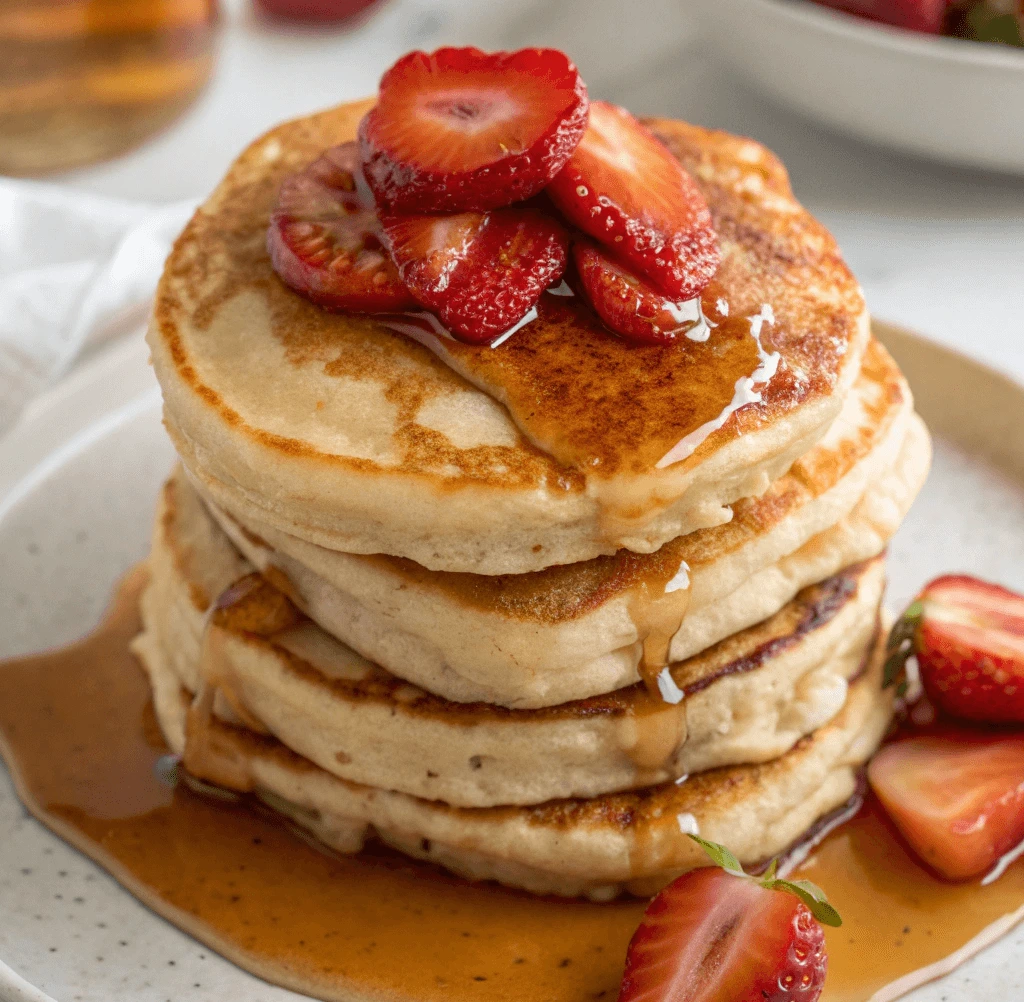 Golden fluffy pancake recipe topped with fresh fruit and syrup in a white dish on a white marble table.