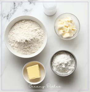 Swiss gipfeli ingredients laid out on a white marble countertop, including bowls of flour, sugar, and yeast, with measuring cups of milk and butter.