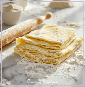 Swiss gipfeli dough rolled out on a white marble countertop with visible butter layers, ready for folding and layering.