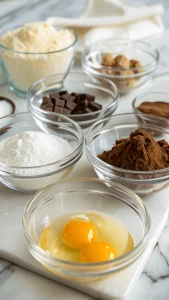 Wet ingredients for homemade brownies neatly organized on marble.