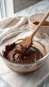 Mixing chocolate batter for homemade brownies in glass bowl.