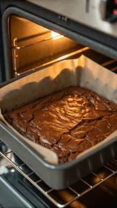 Homemade brownies baking inside an oven with crackly tops.