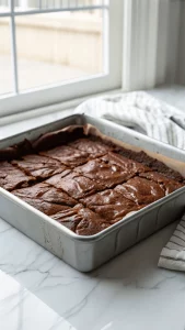 Freshly baked homemade brownies cooling on white marble countertop.