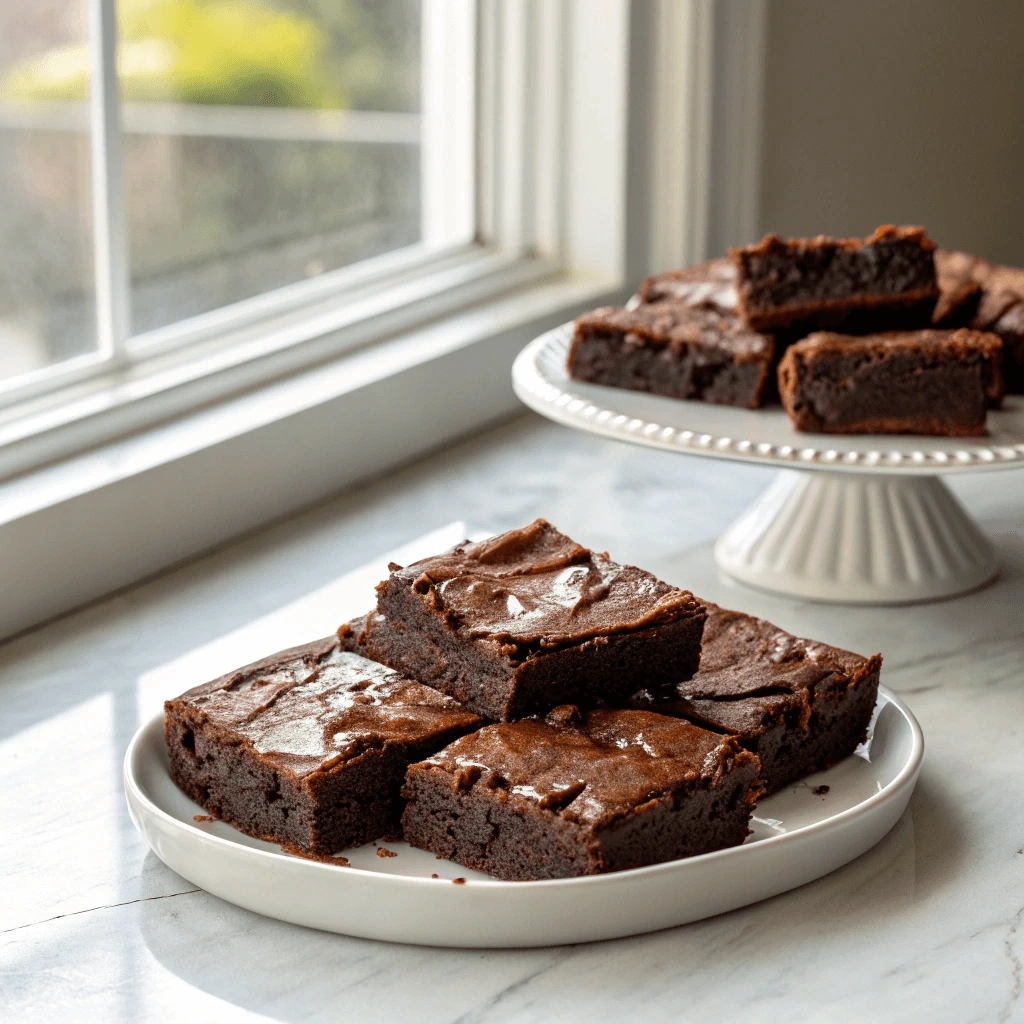 Close-up photo of fudgy homemade brownies served on white marble.