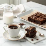 Homemade brownies served with coffee and milk on white marble.