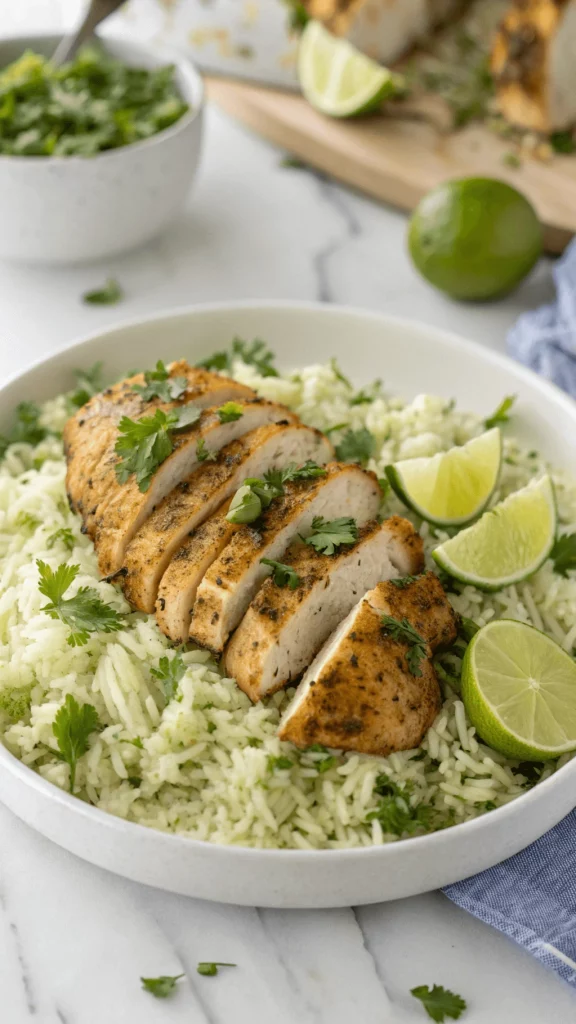 Close-up angled view of juicy cilantro lime chicken breasts with rice.