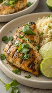 Top-down photo of juicy cilantro lime chicken breasts garnished with fresh cilantro and lime wedges on a rustic white platter.