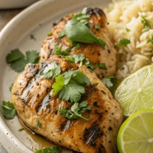 Cilantro lime chicken breasts served over fluffy cilantro lime rice with fresh herbs and lime wedges.