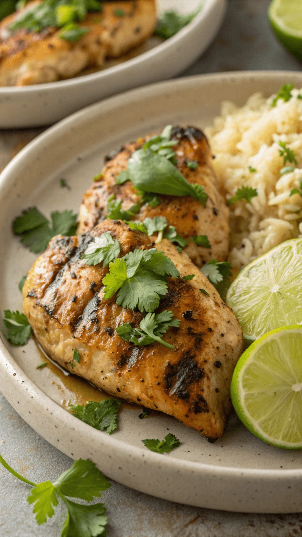 Top-down photo of juicy cilantro lime chicken breasts garnished with fresh cilantro and lime wedges on a rustic white platter.