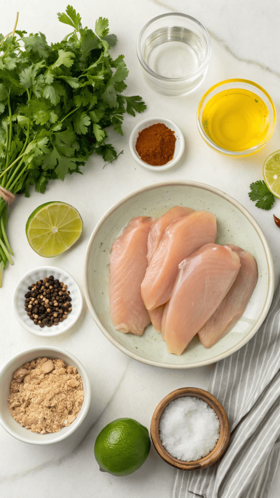 Raw ingredients for cilantro lime chicken marinade on a white marble countertop.